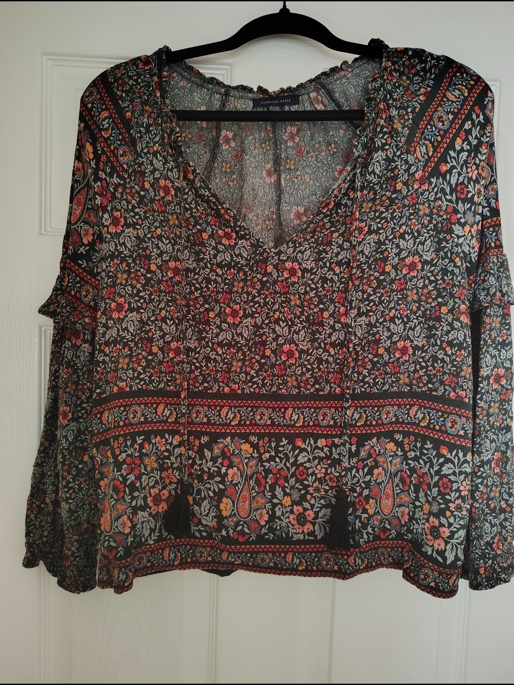 American Eagle Outfitters Floral Peasant Tunic - Black, Rust & Teal